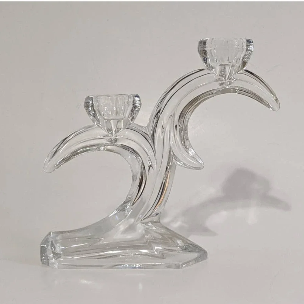 Vintage Crystal Double Candlestick Holder Sculptural Art‎ Deco Style Candelabra